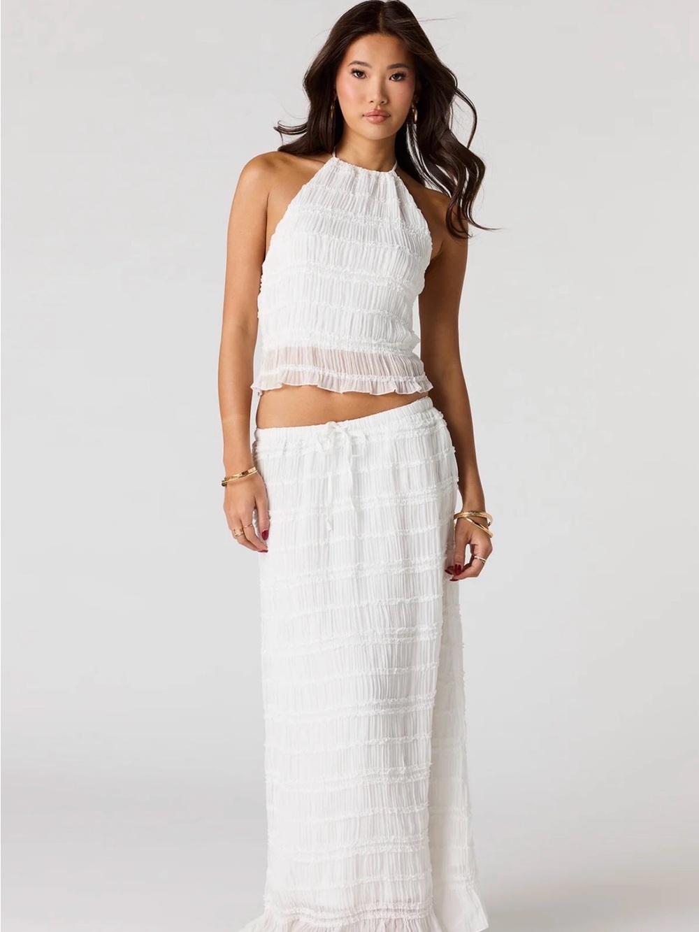 Textured chiffon halter top and maxi skirt